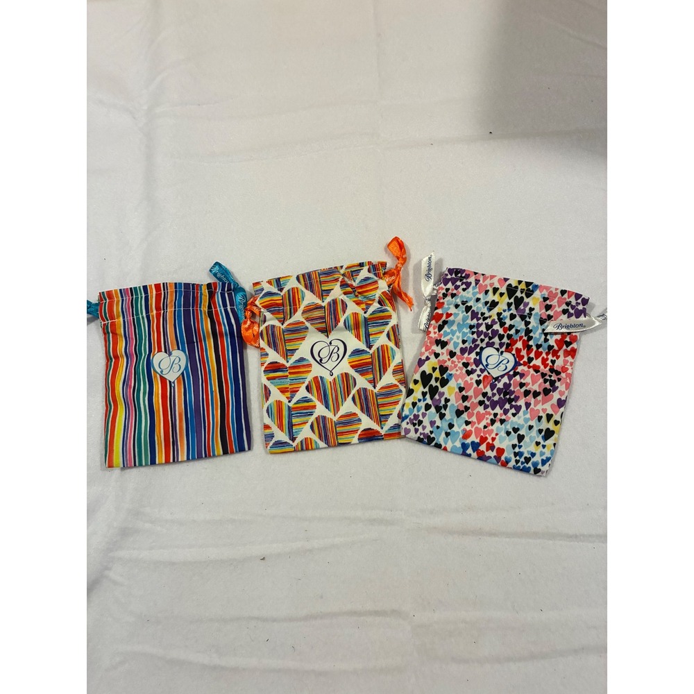 Brighton Jewelry Pouch Set of 3 Rainbow Hearts Stripes Drawstring Bags Multi